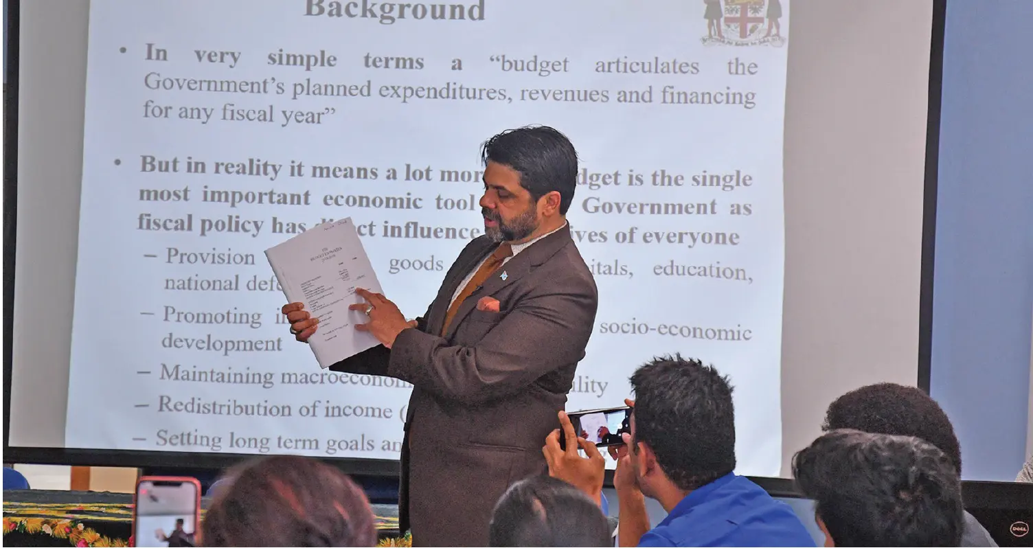 Attorney-General and Minister for Economy Aiyaz Sayed-Khaiyum makes a point while addressing journalists at a workshop in Suva on May 28, 2019. Photo: Ronald Kumar