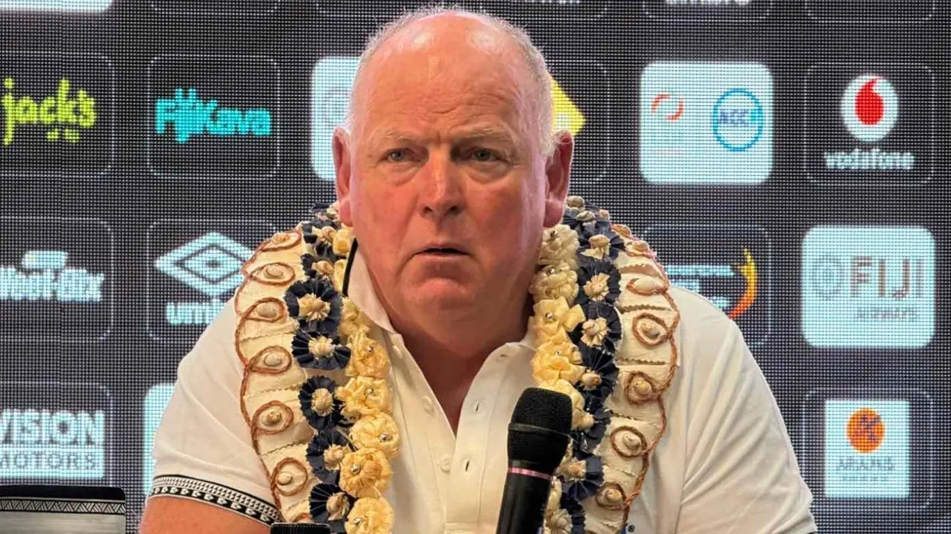 Flying Fijians head coach Jake White during the press conference at the Wesley Church Hall at Butt Street in Suva on October 13, 2026.