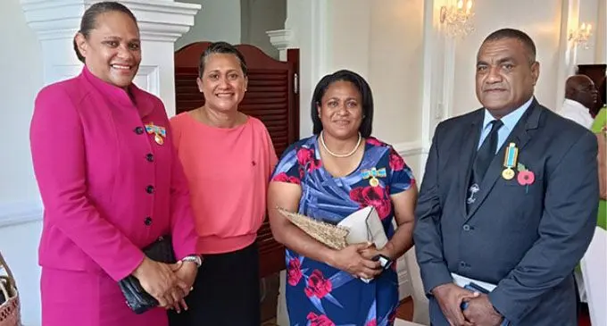 From left: Vasiti Vugakoto, Netball Fiji president RubyAnn Sorovaki, Unaisi Rokoura, Fiji Rugby’s operations manager Sale Sorovaki at the State House, Suva, on October 25, 2021.