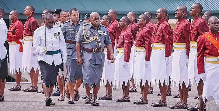 Corrections Commissioner Jalesi Nakarawa conducts a march inspection of the parade at Naboro Centre on March 14, 2025. Photo: Fiji Corrections Service