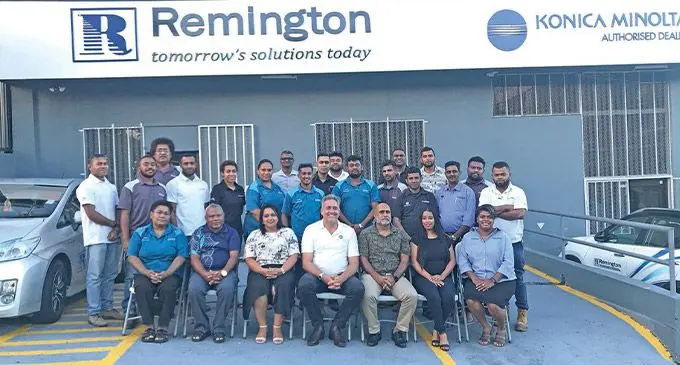 Team of Remington with Konica Minolta Business Solutions Australia Pty Limited channel manager, Andrew Ward (seated fourth from left). Photo: Shreeya Verma
