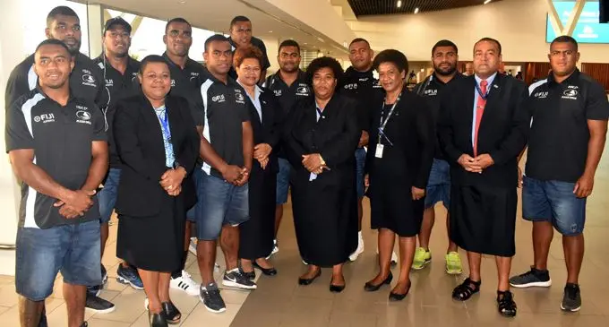 Fiji Airways Fijian Drua team with  friends at the Nadi Airport.