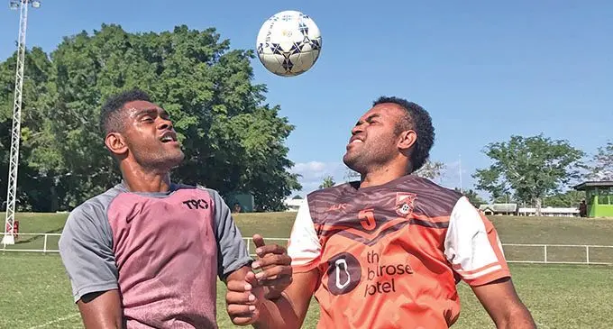 Nadi goalie Vereti Dickson beats Rusiate Matererega during training at the Prince Charles Park, Nadi. Photo: Waisea Nasokia
