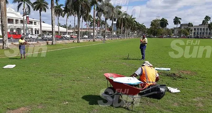 Suva City Council workers remove weed from the turf. This task has to be done in a manner so there is minimal damage to the turf. Photo: Shalveen Chand