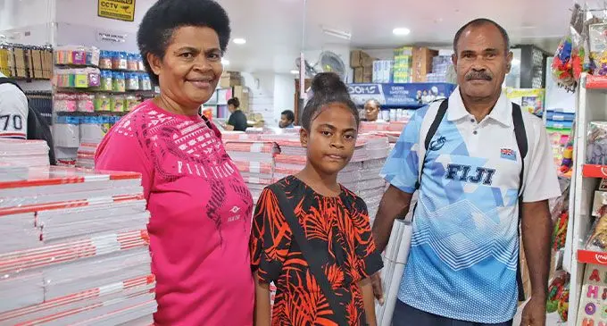 Draulu Matai, Karalaini Matai and Sekove Matai at a popular stationery shop in Suva. Photo: Beranadeta Nagatalevu