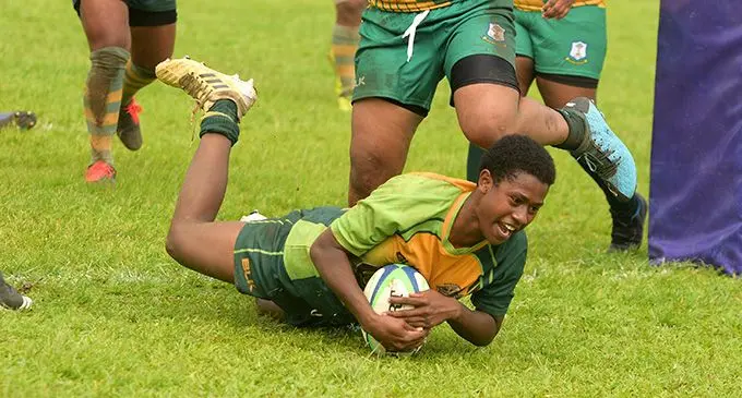 Ratu Latianara College’s Alisi Mereoni scores a try in their 17-0 win over Suva Sangam College in the Weet-Bix Raluve Trophy Under-18 competition at Bidesi Park, Suva, on August 6, 2022. Photo: Ronald Kumar