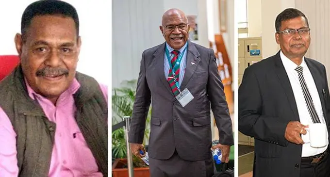 From Left: SODELPA provisional candidate,  Seremaia Tuiteci, The People’s Alliance party leader  Sitiveni Rabuka and National Federation Party leader, Biman Prasad. 