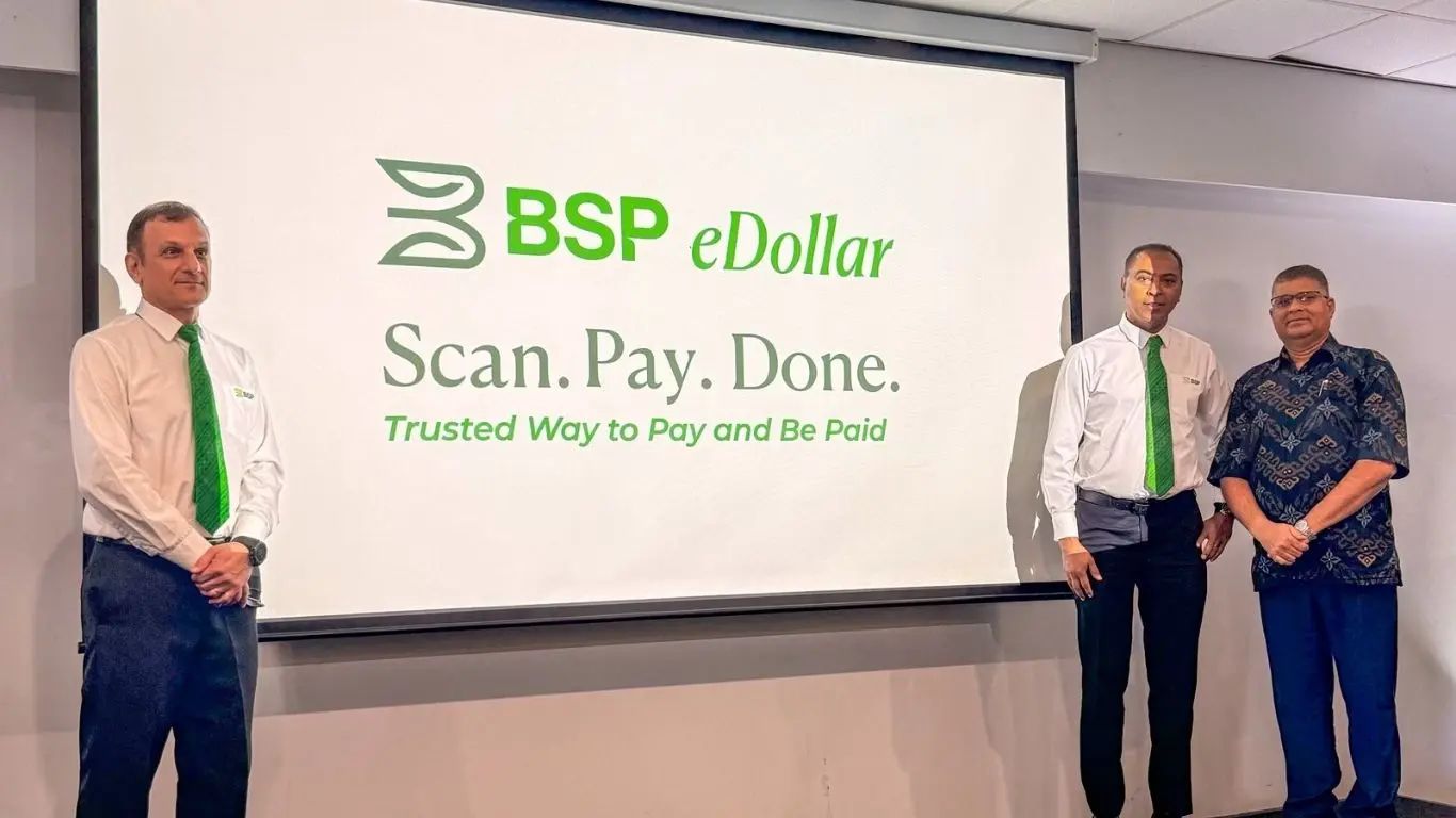 (from left) BSP Chief Information Officer Omid Saberi, BSP Acting Country Head Maikash Ali,      Reserve Bank of Fiji Governor Ariff Ali at the launch of BSP eDollar a new bank-backed electronic wallet, Holiday Inn  August 11, 2026.