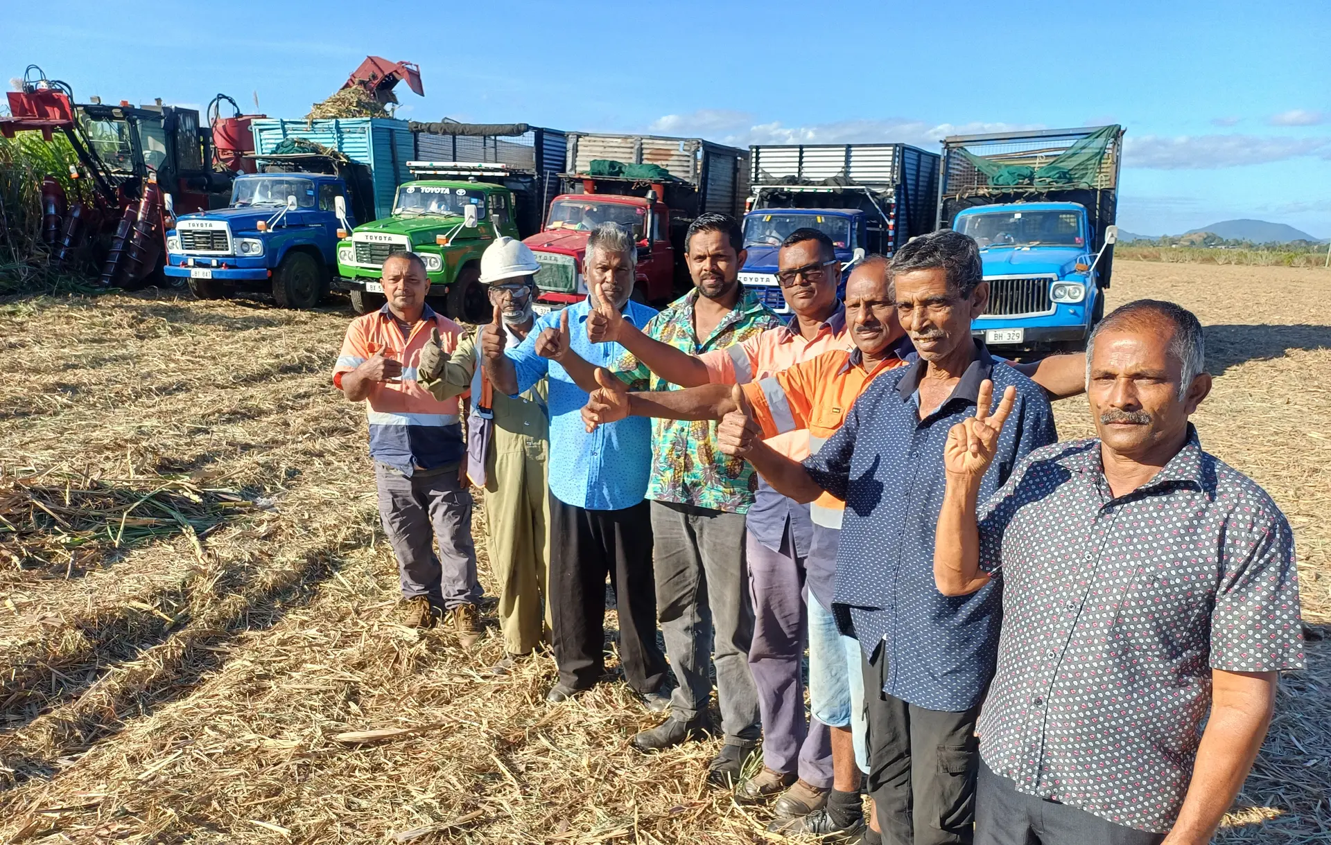 Sugarcane farmers, mechanical harvester operators and lorry drivers at Wailevu, Labasa, on July 12, 2026. From left are Henry Fox, Gyan Sami, Mohammed Sharif, Abid Hussain, Vinay Chand, Vijendra Kumar, Basant Prasad and Rajesh Prasad. 