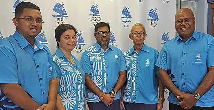 Team Fiji general managers (left-right) Anushil Kumar, Rosalia Fatiaki, Chef de Mission Ajay Ballu, Wayne O’Connor and Josaia Tuinamata in Suva on September 21, 2023. Photo: Supplied