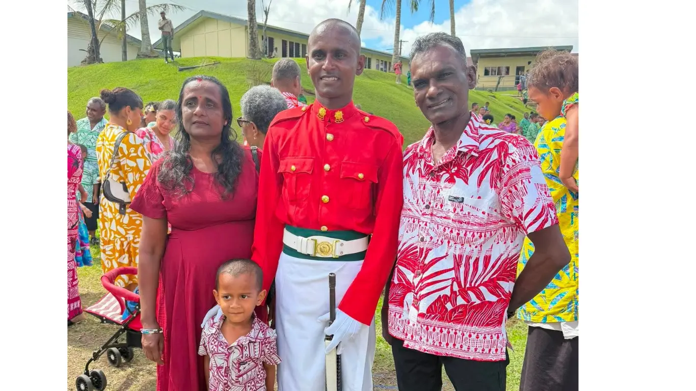 Saheel Samendra Lal (middle) with his mother, Saroj Lata (left), father Dharmendra Lal (right) and nephew, Shadvik Lal, during the Republic of Fiji Military Forces (RFMF) Basic Recruit Course graduation in Nasinu on August 14, 2026. Photo: Supplied