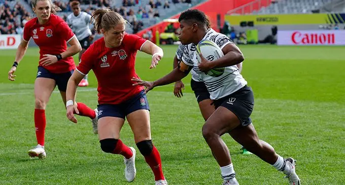Fijiana XVs second winger Vitalina Naikore on the run against England at the Women’s Rugby World Cup at Eden Park, Auckland in New Zealand on October 8, 2022. Photo: FRU Media.
