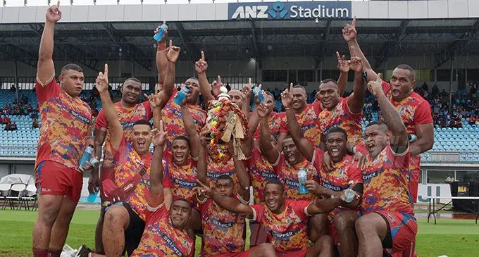 Namosi rugby players with the Farebrother-Sullivan Trophy after their 21-3 win over Yasawa at the ANZ Stadium, Suva, on October 3, 2020. Photo: Ronald Kumar