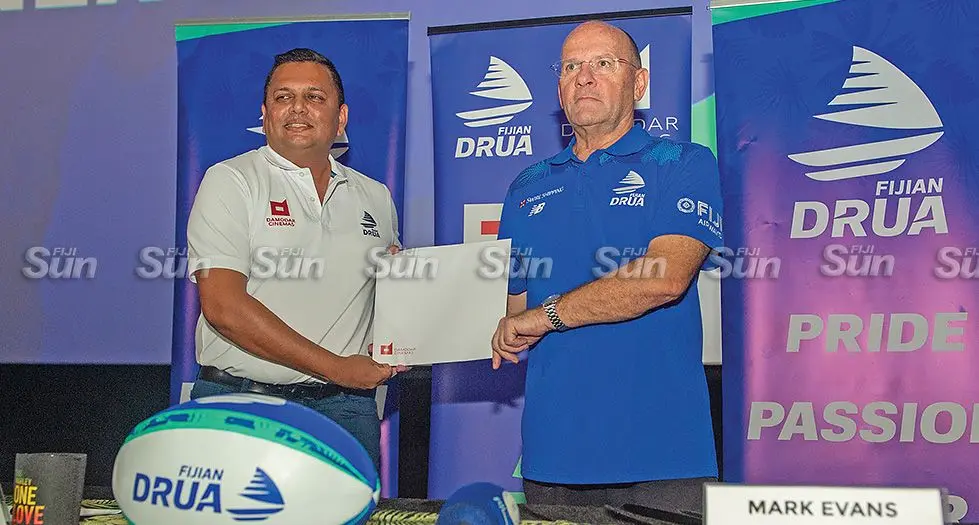 Damodar chief executive officer Div Damodar alongside Swire Shipping Fijian Drua chief executive officer, Mark Evans during the press conference on February 8, 2024, Photo: Leon Lord 