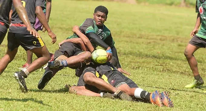Underdogs Pt Shreedhar Sharks take on AOG Eagles in their Under-17 Fiji Secondary Schools rugby league clash at St Marcellin Primary School ground in Vatuwaqa, Suva, on May 7, 2022. Sharks won 10-0. Photo: Ronald Kumar.