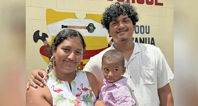 Nabua Secondary School Matua Programme Year 13 Certificate Examination highest scorer Shania Jessica Mohammed with her husband Fraaz Khan and their three-year-old son Ibrahim Mohammed at Nabua Secondary School on January 12, 2024. Photo: Inoke Rabonu