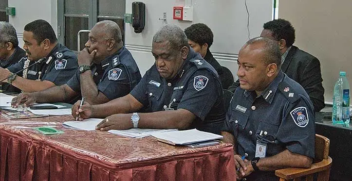 From left: Assistant Commissioner of Police Planning, Research and Doctrines (ACP) Aporosa Lutunauga, Senior Superintendent of Police Mesake Waqa, Director Traffic SSP Mitieli Divuana and Deputy Director Planning SP Pauliasi Colamoto during the Joint Submission to the Standing Committee on Foreign Affairs and Defence on August 29, 2023. Photo: Parliament of Fiji