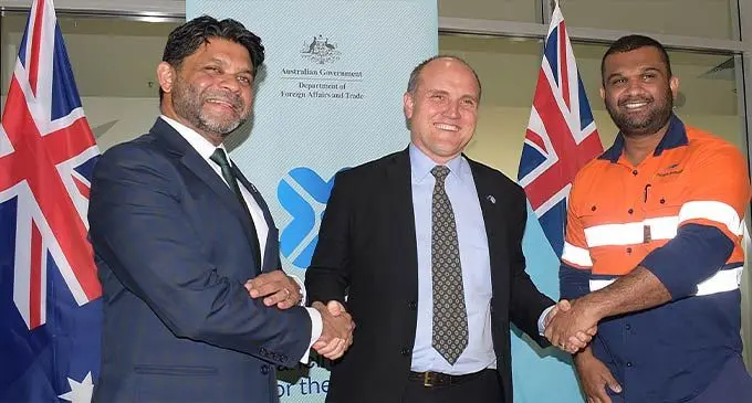 From left: Attorney-General and Minister for Economy Aiyaz Sayed-Khaiyum, Australian High Commission charge d’Affaires, John Williams, and Fiji Roads Authority chief executive officer, Kamal Prasad after the signing of the loan agreement on October 18, 2022. Photo: Ronald Kumar