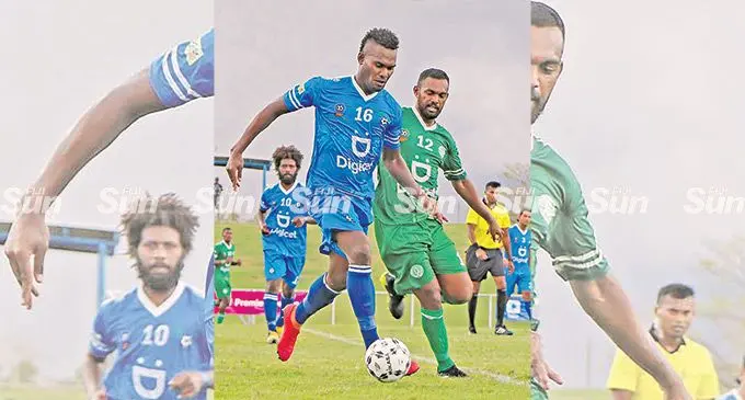 Viti Water Flow Lautoka football team Antonio Tuivuna, 16, in control against Esy Kool Nadi’s Samuela Gavo during the Digicel Premier League encounter at Churchill Park in Lautoka on May 4, 2022. Photo: Waisea Nasokia