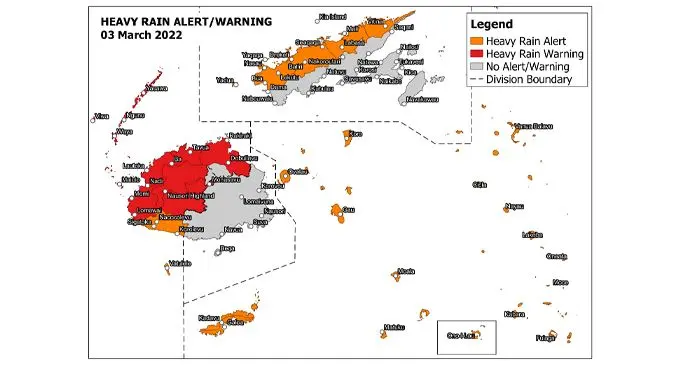 Heavy Rain Warning/ Alert Map that was issued by the Fiji Meteorological Service National Weather Forecasting Centre at 9.30am today, 2nd March, 2022.