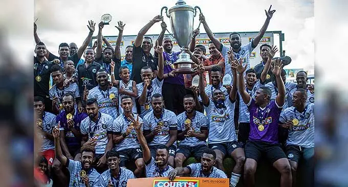 Rams Cleaning. Services/ All Freight Logistics Suva football players and officials hoist the Courts Interdistrict Championship title at the HFC Bank Stadium in Suva on October 10, 2022. Photo: Leon Lord