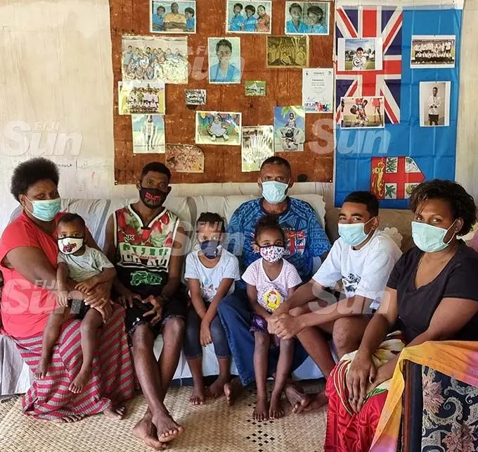 From left: Viniana Riwai’s (mother) Marisela Riwai, (nephew) Carlson Riwai, (brother) Mitieli Riwai, (nieces) Abigail and Milika Riwai, Maika Riwai (father), Mosese Riwai (nephew) and Kereleani Riwai (sister) at their home in Nasekula village, Labasa on August 6, 2021. Photo: Sampras Anand