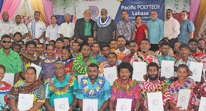 Minister for Justice Siromi Turaga, with invited guests and graduates during the Pacific Polytech graduation in Labasa on December 18, 2024. Photo: Shratika Naidu