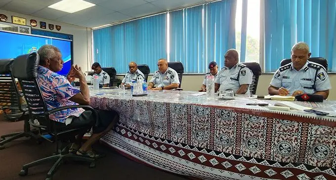 The Minister for Home Affairs and Immigration Pio Tikoduadua (left) briefed by the Commissioner of Police Brigadier-General Sitiveni Qiliho (third from left) on the Fiji Police Force’s disaster preparedness. Photo: Police Media Cell