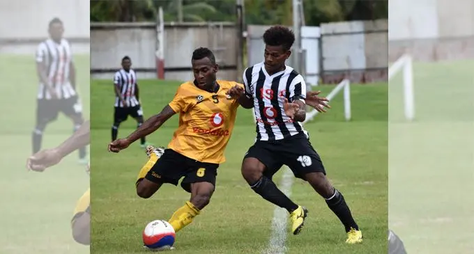 Tough Dreketi defender Akeimi Ralulu (right) defends against Tavua in the Vodafone Premier League clash at Subrail Park, Labasa on February 25, 2018. Dreketi won 3-0. Photo: Shratika Naidu