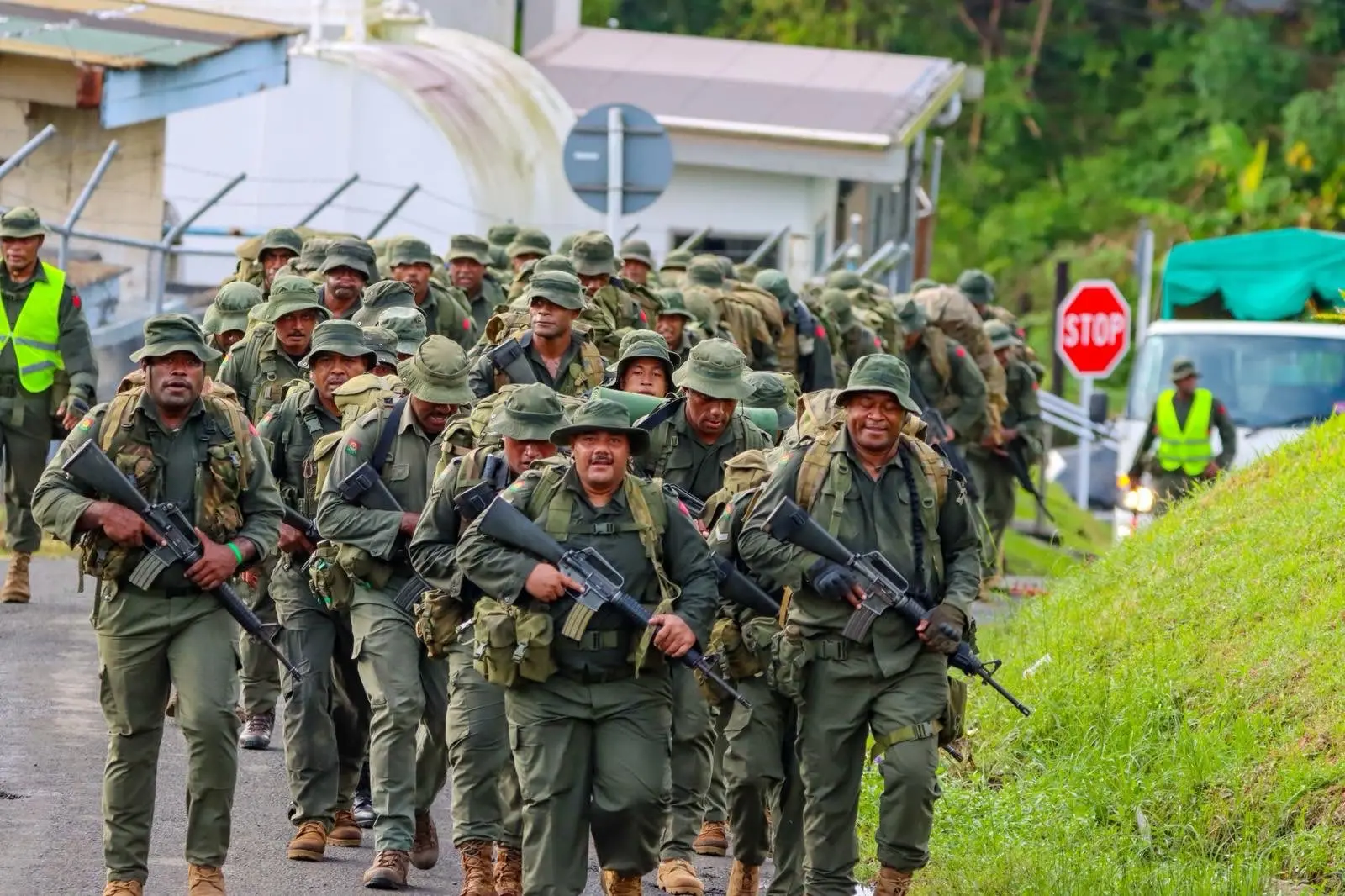 Members of the Republic of Fiji Military Forces Third Battalion Fiji Infantry Regiment (3FIR) during a route march