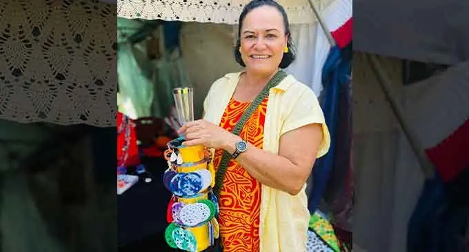 Maraia Tela showing her handmade crochet earrings at the Blue Pacific Village at Suva’s Thurston Garden on July 12, 2022. Photo: Nolishma Narayan