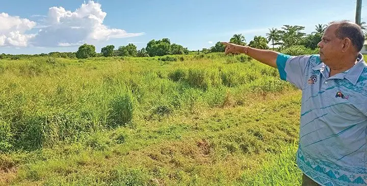 Lautoka Football Association president Shalendra Prasad points to the land in Lomolomo, Lautoka, where the new $55 million stadium would be built. Photo: Charles Chambers