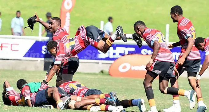 Tailevu North College Under-18 players celebrate their upset win over Lelean Memorial School 13-12 at the HFC Bank Stadium on July 19, 2024. Photo: Ronald Kumar