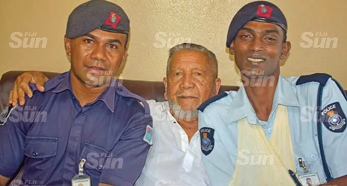 From left: Special Constable Sekove Ravoka, Imaam Ali, 85, and Constable Vineshwan Mudliar in Nadi on May 30, 2020.  Photo: Mereleki Nai