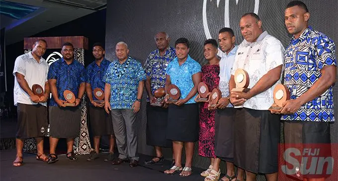 The winners from the FRU Awards night with Prime Minister and President of FRU Voreqe Bainimarama at GPH Suva on February 9,2019.Photo:Simione Haravanua.