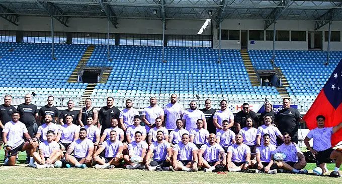 Manu Samoa team and officials during their training run at the HFC Bank Stadium, Suva on August 22, 2024. Photo: Ronald Kumar