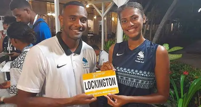 Team Fiji sprint king Banuve Tabakaucoro and high jumper Shawntell Lockington at the Pacific Mini Games in Saipan.