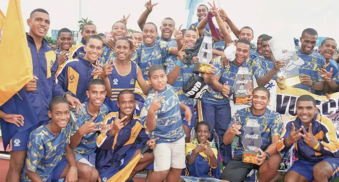 Athletes from Ratu Kadavulevu School after winning the Coca-Cola Games boys division at the ANZ Stadium, Suva on April 18, 2019. Photo: Ronald Kumar