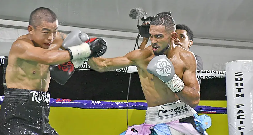 Ubayd Haider (right) during his fight against Runqi Zhou at Prince Charles Park, Nadi, on October 26, 2024. Photo: Waisea Nasokia.