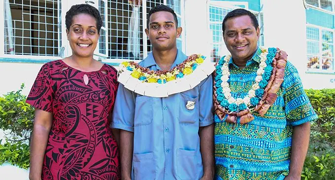Suva Grammar School head boy Mitchell Simpson (middle), with proud parents Siteri and Stanley Simpson after the schools'  prefects induction ceremony on February 20, 2020, in Suva. Dad Stanley was a former head boy of Suva Grammar School as well. PHOTO: Kelera Sovasiga