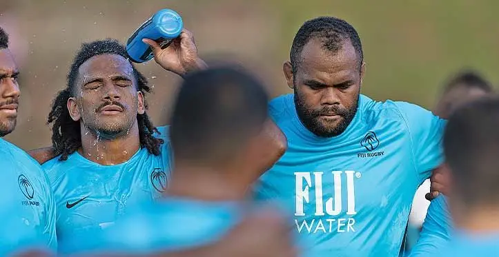 FIJI Water Flying Fijians (left-right) Selestino Ravutaumada and Peceli Yato after their training session at Welagi, Taveuni, on July 4, 2023. The Flying Fijians play Tonga in the Pacific Nations Cup opener on July 22 at Churchill Park in Lautoka. Photo: FRU Media