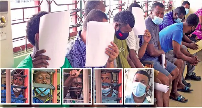 Some of the twelve Nakelo brawl accuse outside Nausori Court on 21, October 2021. (Inset from left: Sairusi Turagalailai, Vilikesa Taka, Luke Erenavula, Epeneri Taka and Ulaiasi Taka) at the Nausori Magistrates Court on October 21, 2021.  Photos: Ronald Kumar