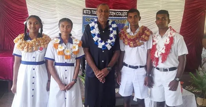 From left: Tabia Central College deputy head girl Ritansha Narayan, head girl Sarafina Agnes Rosie, chief guest Assistant Superintendent of Police Tupeni Rokoqica, head boy Mansheel Kumar and deputy head boy Dharshikh Kumar during the prefect induction in Labasa on March 4, 2023.