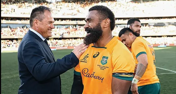 Wallabies winger Marika Koroibete with head coach Dave Rennie on August 27, 2022. Photo: Rugby Australia