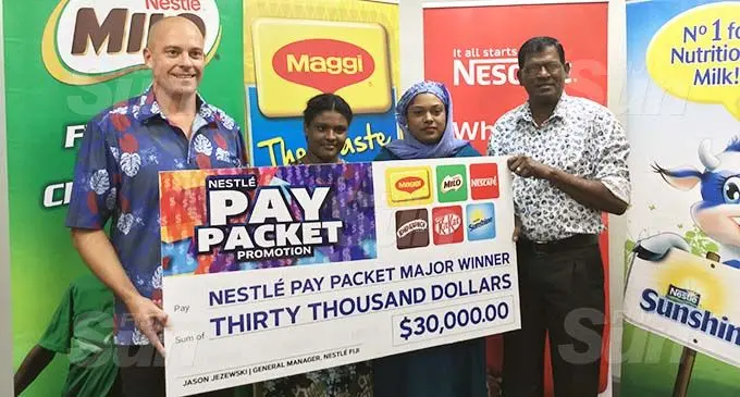 From left: Nestle Fiji general manager Jason Jezewski, Dirsha Ali, Dorin Ali and Shouket Ali during the pay packet promotion announcement on September 10,2020. Photo: Laiseana Nasiga