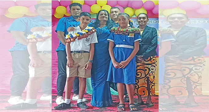(Front) Head boy Abhinav Prasad and head girl Litiana Saurara during the Krishna Vedic Primary School prefect induction on February 23, 2024. Photo: Maikeli Seru