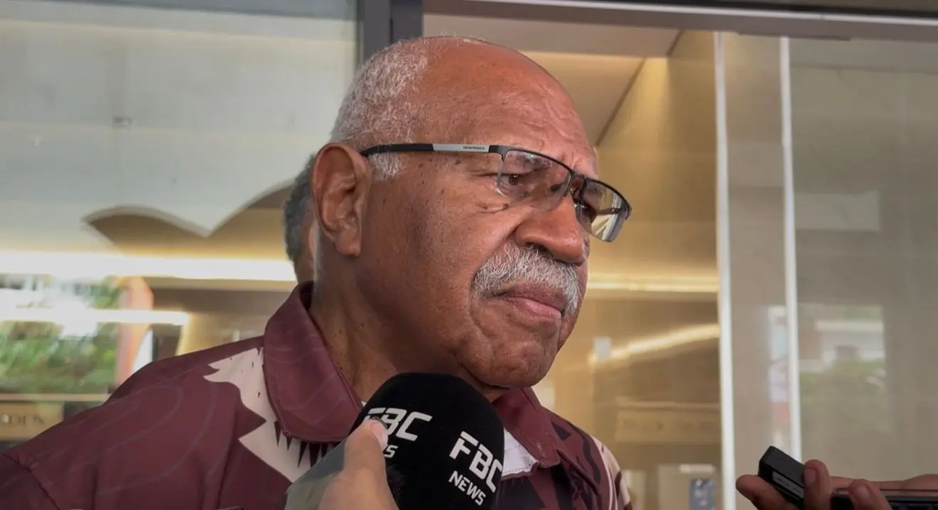 Prime Minister Sitiveni Rabuka speaks to reporters at the Fijian Holdings Limited Tower on October 31, 2025