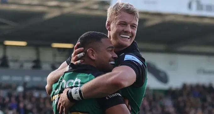 Sam Matavesi (2) is embraced by a Northampton Saints team-mate after socring try in their 32-31 win over Newcastle Falcons on October 15, 2022 Photo: Northampton Saints