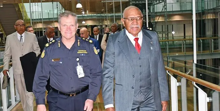 Prime Minister Sitiveni Rabuka during his visit to the Australian Border Force (ABF) headquarters in Canberra.