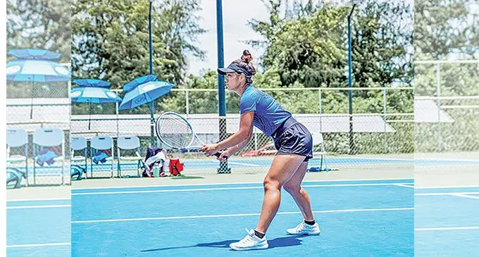 The Northern Marianas tennis player Isabel Herras in action during the Northern Marianas Pacific Mini Games 2022 at the American Memorial Park tennis courts. Photo: NMPMG2022/Norman Del